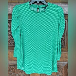 Adrianna Papell Green & White Polka Dot 3/4 Length Ruffled Sleeve Top, NWOT, Med